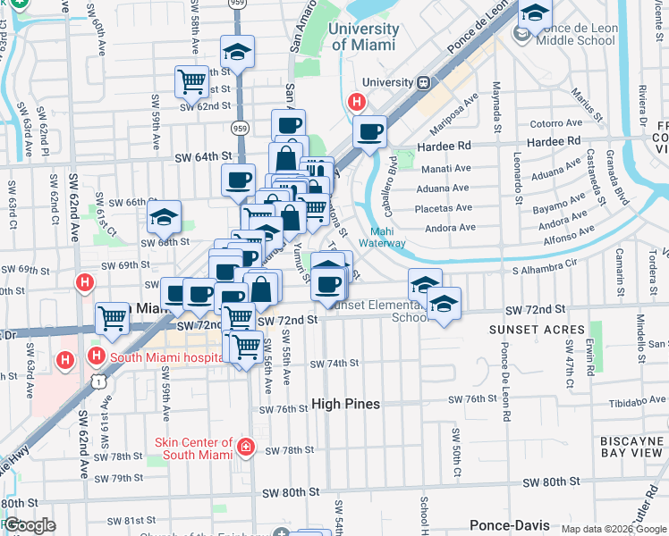 map of restaurants, bars, coffee shops, grocery stores, and more near 6615 Nervia Street in Coral Gables