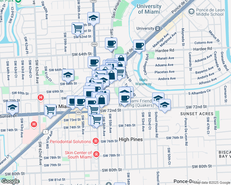 map of restaurants, bars, coffee shops, grocery stores, and more near 1501 Venera Avenue in Miami