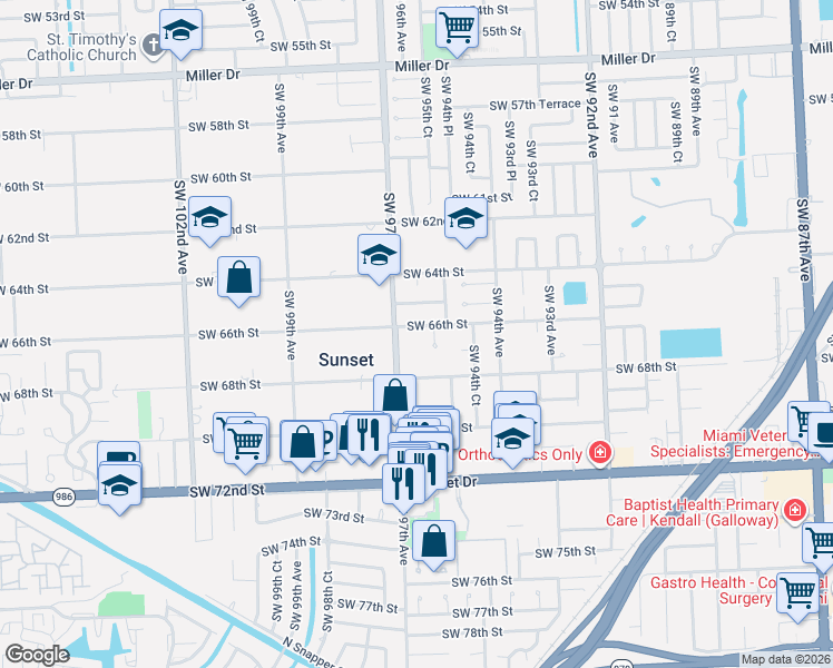 map of restaurants, bars, coffee shops, grocery stores, and more near 6604 Southwest 95th Court in Miami