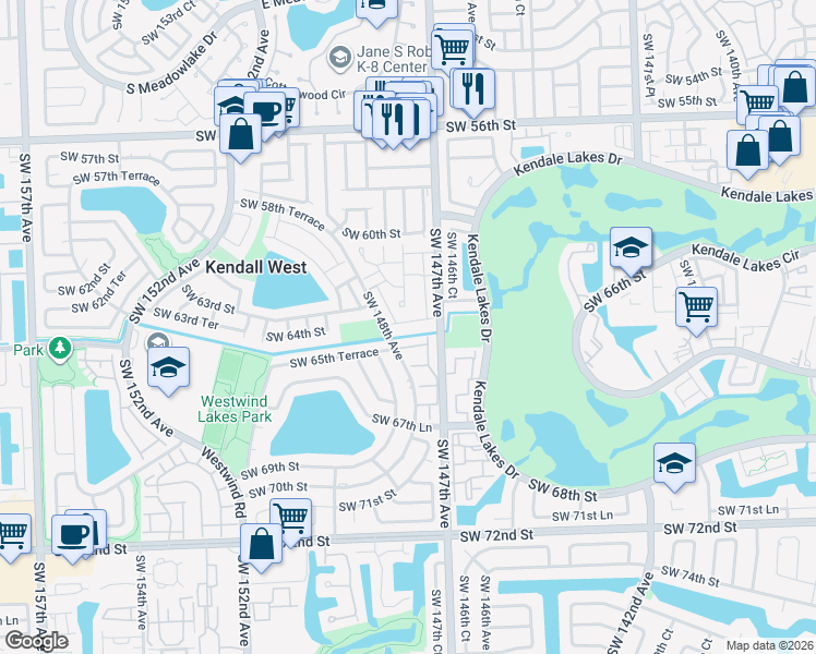map of restaurants, bars, coffee shops, grocery stores, and more near 14712 Southwest 63rd Lane in Miami