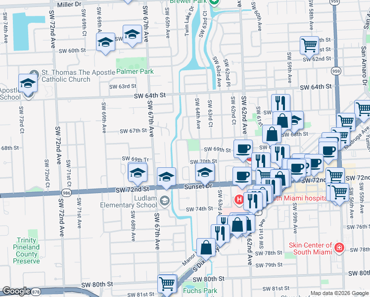 map of restaurants, bars, coffee shops, grocery stores, and more near 6840 Southwest 64th Court in South Miami