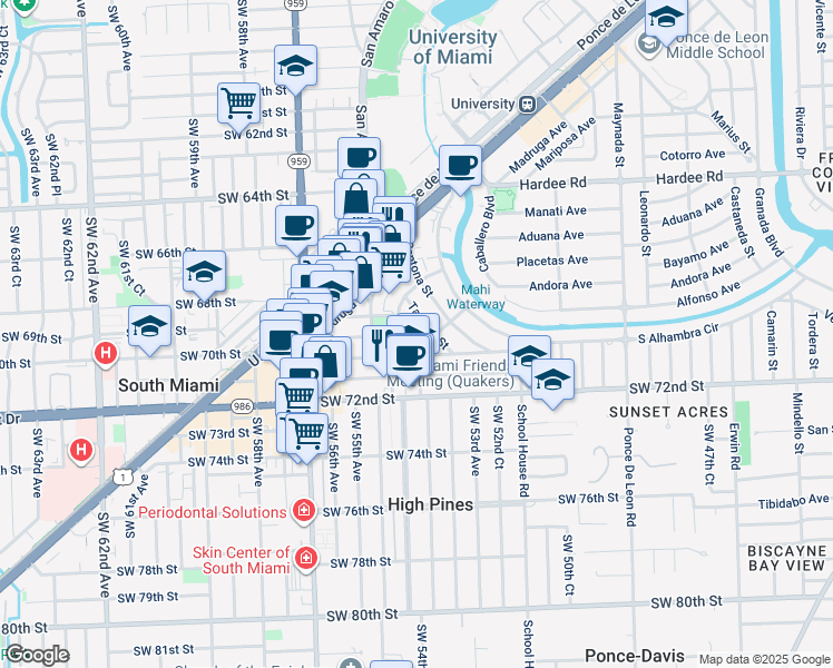 map of restaurants, bars, coffee shops, grocery stores, and more near 6615 Nervia Street in Coral Gables