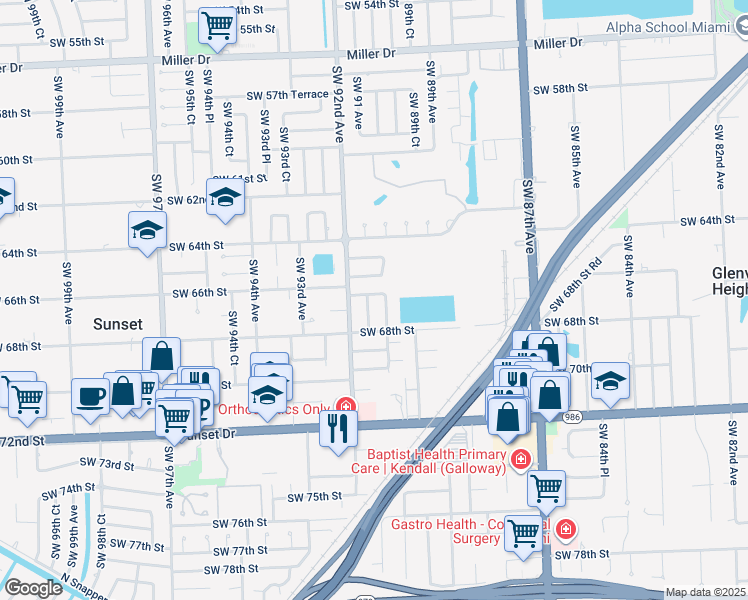 map of restaurants, bars, coffee shops, grocery stores, and more near 6651 Southwest 91 Avenue in Miami