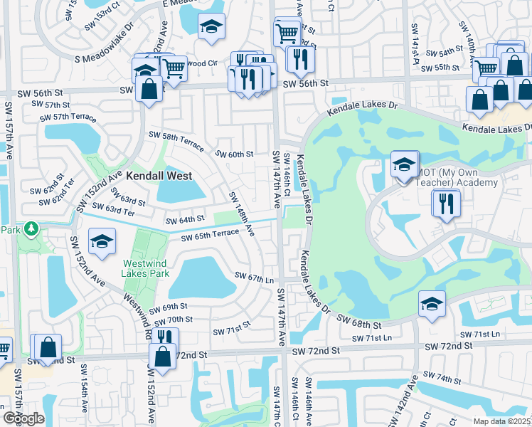 map of restaurants, bars, coffee shops, grocery stores, and more near 14716 Southwest 63rd Lane in Miami