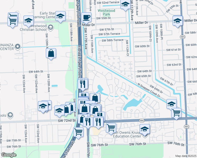 map of restaurants, bars, coffee shops, grocery stores, and more near 6441 Southwest 116th Court in Miami