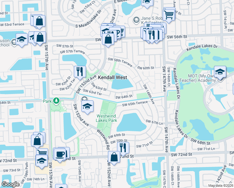 map of restaurants, bars, coffee shops, grocery stores, and more near 6303 Southwest 150th Court in Miami