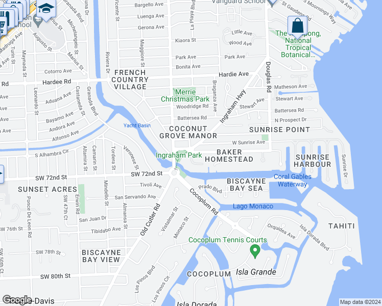 map of restaurants, bars, coffee shops, grocery stores, and more near 199 Edgewater Drive in Coral Gables