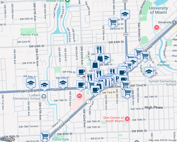 map of restaurants, bars, coffee shops, grocery stores, and more near 6023 Southwest 69th Street in South Miami