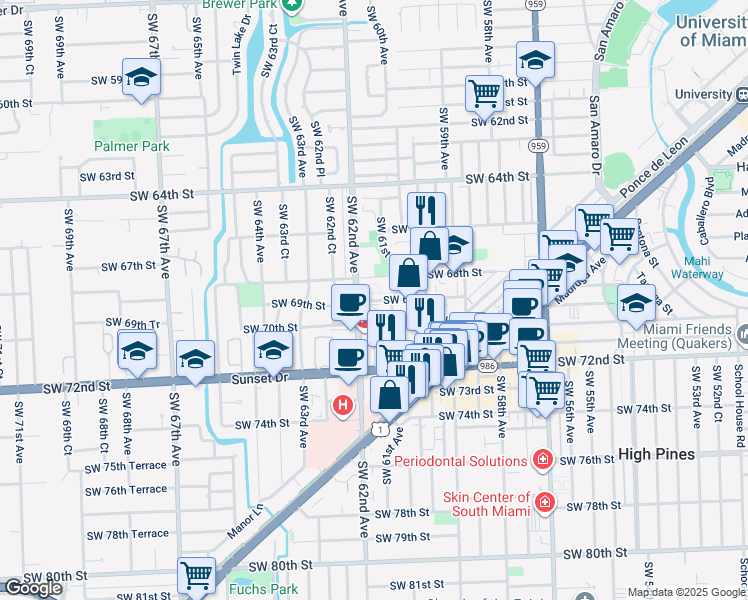 map of restaurants, bars, coffee shops, grocery stores, and more near 6842 Southwest 62nd Court in South Miami