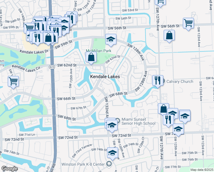map of restaurants, bars, coffee shops, grocery stores, and more near 6635 Southwest 130th Place in Miami