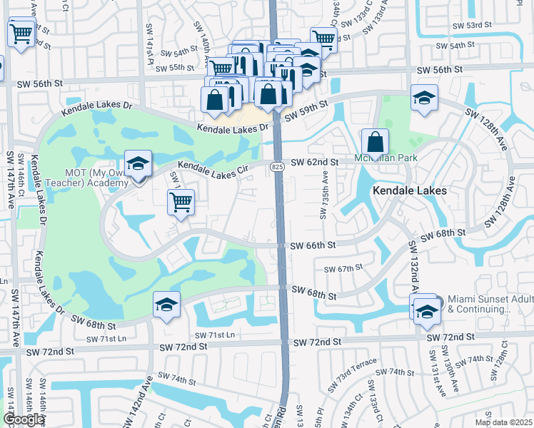 map of restaurants, bars, coffee shops, grocery stores, and more near in Kendale Lakes