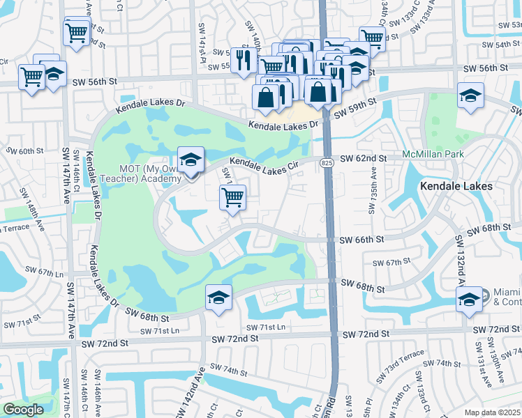 map of restaurants, bars, coffee shops, grocery stores, and more near 13856 Southwest 64th Street in Miami