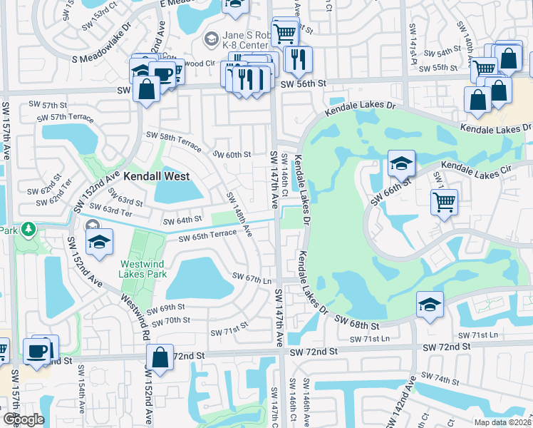 map of restaurants, bars, coffee shops, grocery stores, and more near 14712 Southwest 63rd Lane in Miami