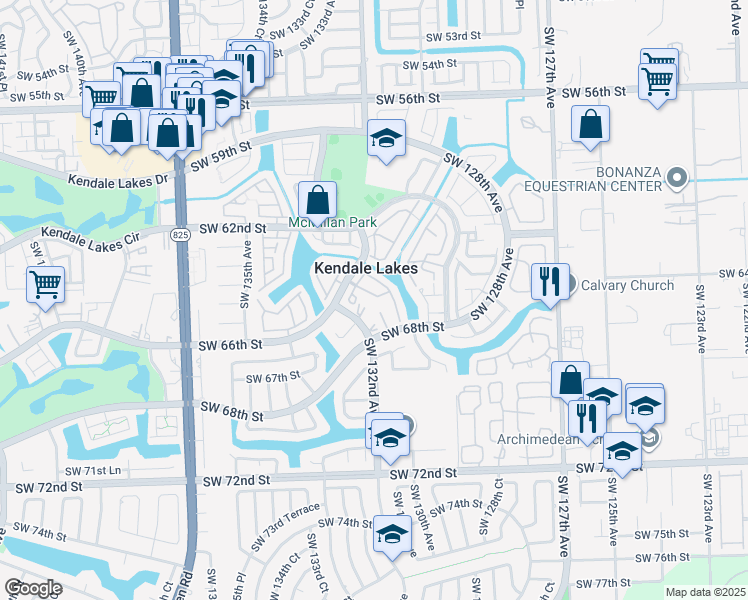 map of restaurants, bars, coffee shops, grocery stores, and more near 6635 Southwest 130th Place in Miami