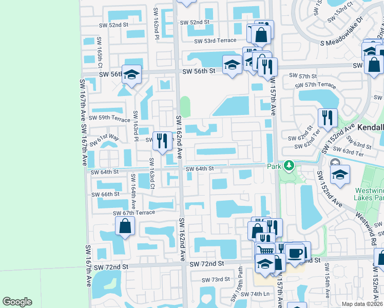 map of restaurants, bars, coffee shops, grocery stores, and more near 6264 SW 161st Ave in Miami