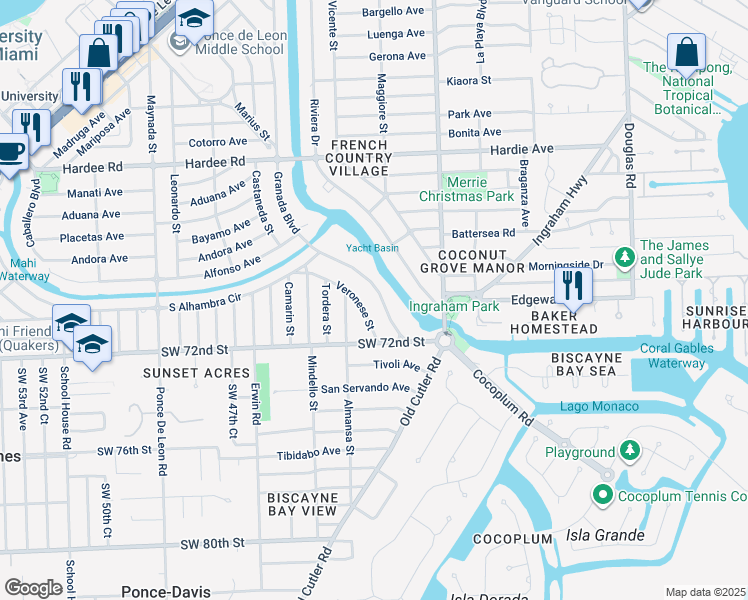 map of restaurants, bars, coffee shops, grocery stores, and more near 6900 Granada Boulevard in Coral Gables