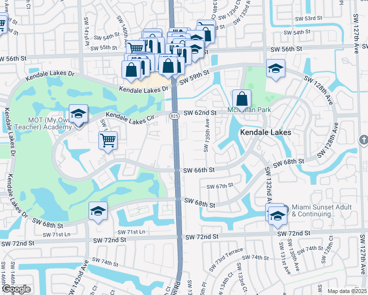 map of restaurants, bars, coffee shops, grocery stores, and more near 13551 Southwest 64th Lane in Miami