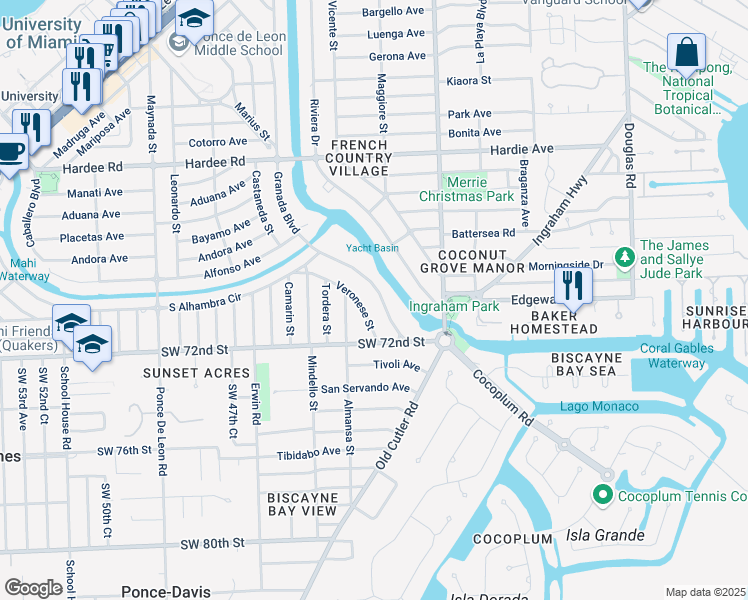 map of restaurants, bars, coffee shops, grocery stores, and more near 6900 Granada Boulevard in Coral Gables