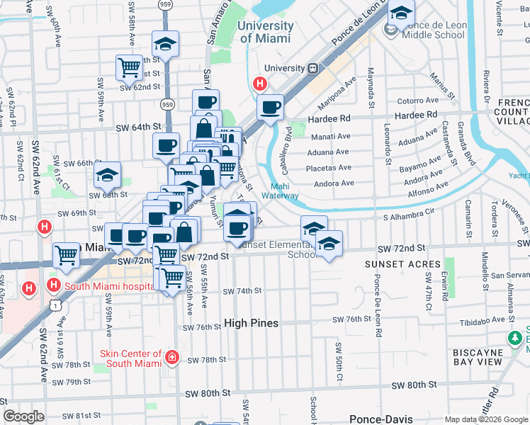 map of restaurants, bars, coffee shops, grocery stores, and more near 6700 Santona Street in Coral Gables