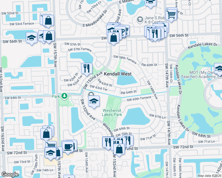 map of restaurants, bars, coffee shops, grocery stores, and more near 15059 Southwest 63rd Terrace in Miami