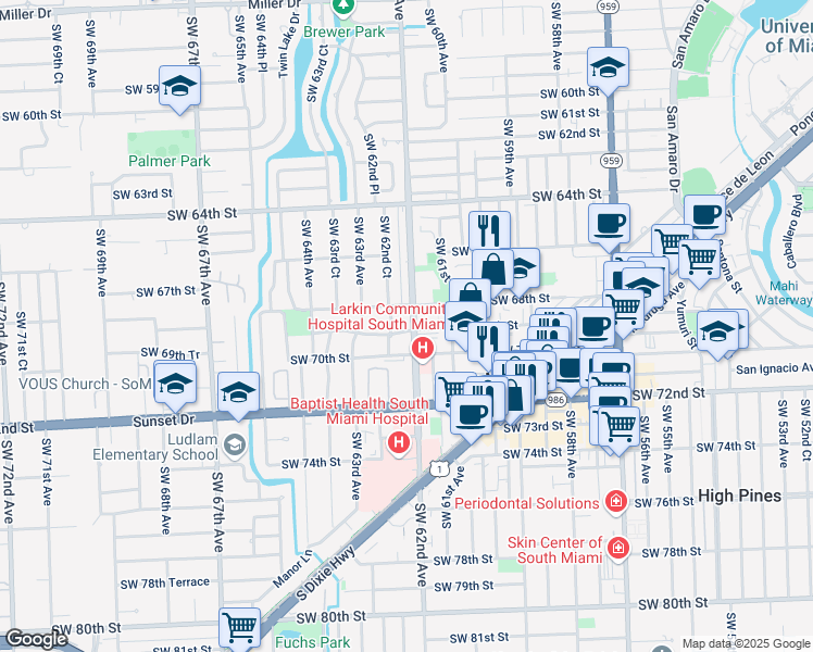 map of restaurants, bars, coffee shops, grocery stores, and more near 6842 Southwest 62nd Court in South Miami