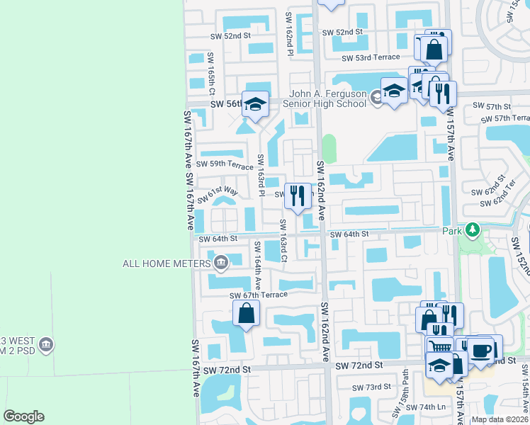 map of restaurants, bars, coffee shops, grocery stores, and more near 16372 Southwest 62nd Terrace in Miami
