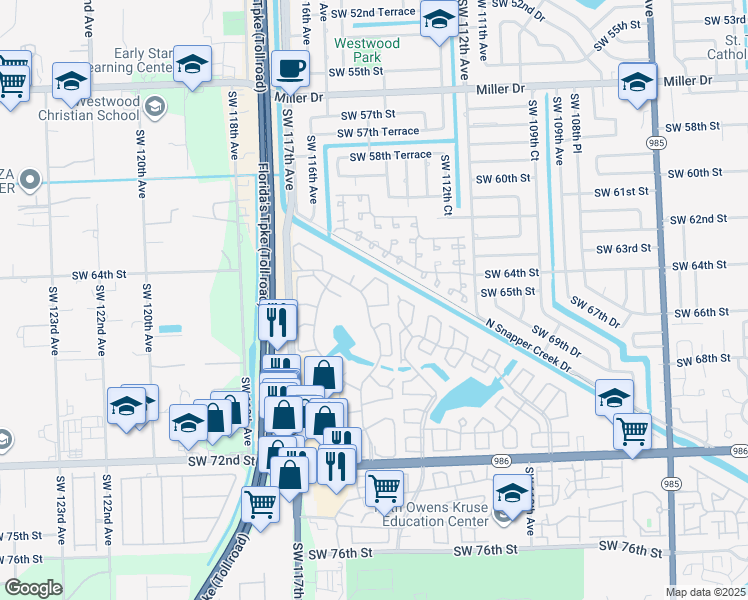 map of restaurants, bars, coffee shops, grocery stores, and more near 6534 Southwest 114th Place in Miami