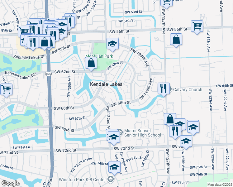 map of restaurants, bars, coffee shops, grocery stores, and more near 6635 Southwest 130th Place in Miami