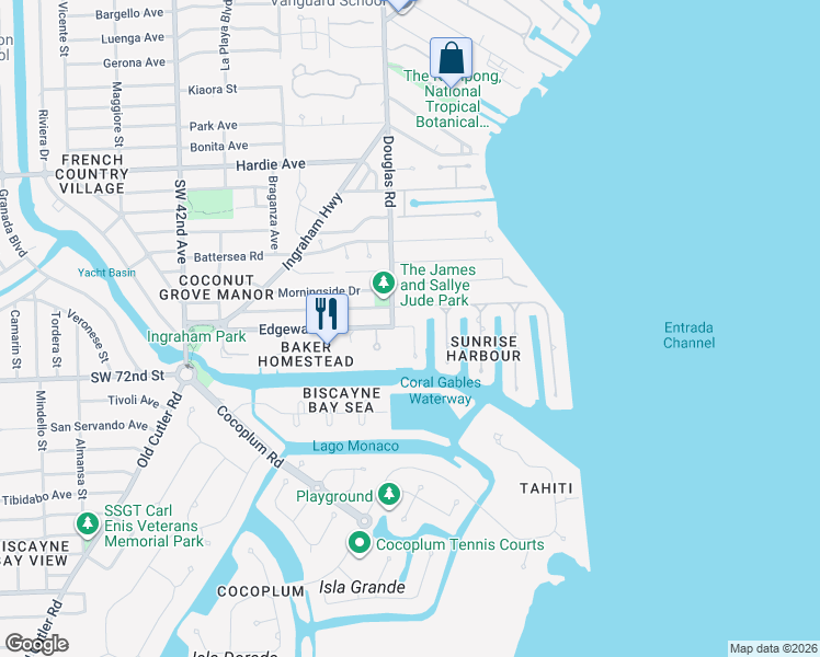 map of restaurants, bars, coffee shops, grocery stores, and more near 6815 Edgewater Drive in Coral Gables