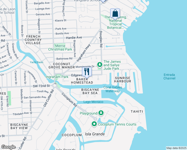 map of restaurants, bars, coffee shops, grocery stores, and more near 51 Edgewater Drive in Coral Gables