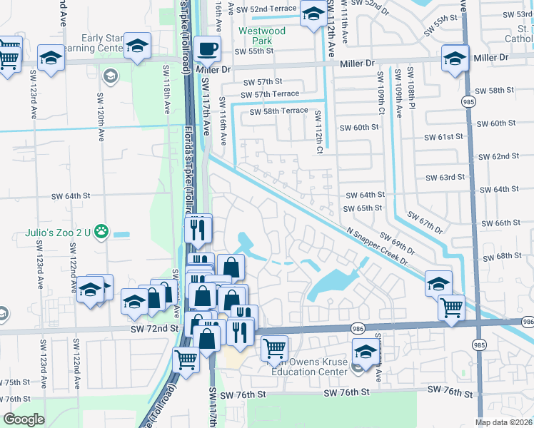 map of restaurants, bars, coffee shops, grocery stores, and more near 6534 Southwest 114th Place in Miami