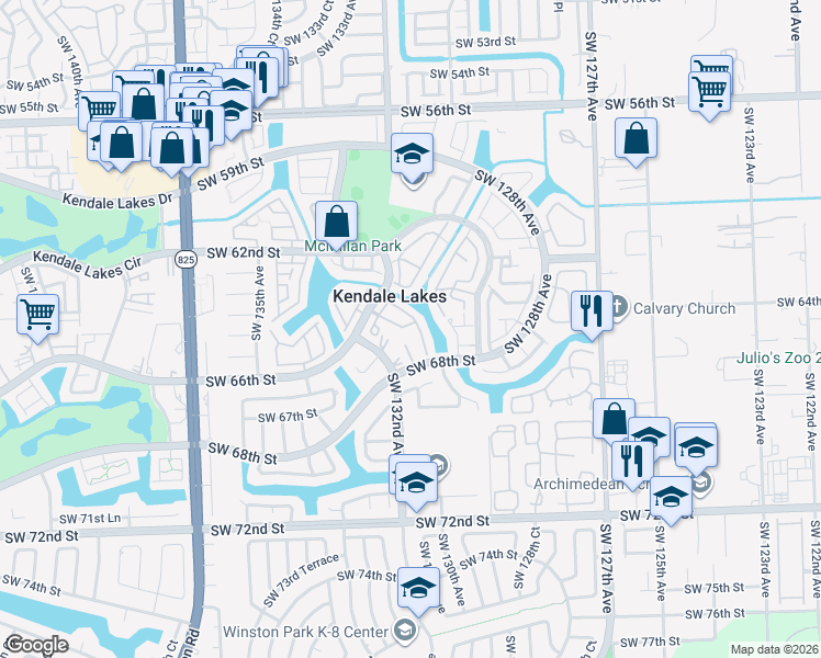 map of restaurants, bars, coffee shops, grocery stores, and more near 6475 Southwest 130th Place in Miami