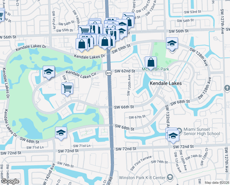 map of restaurants, bars, coffee shops, grocery stores, and more near 13551 Southwest 64th Lane in Miami