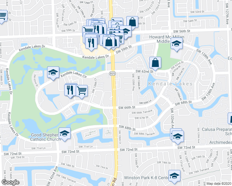 map of restaurants, bars, coffee shops, grocery stores, and more near in Kendale Lakes