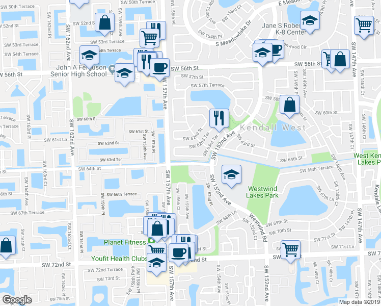 map of restaurants, bars, coffee shops, grocery stores, and more near 15613 Southwest 63rd Terrace in Miami