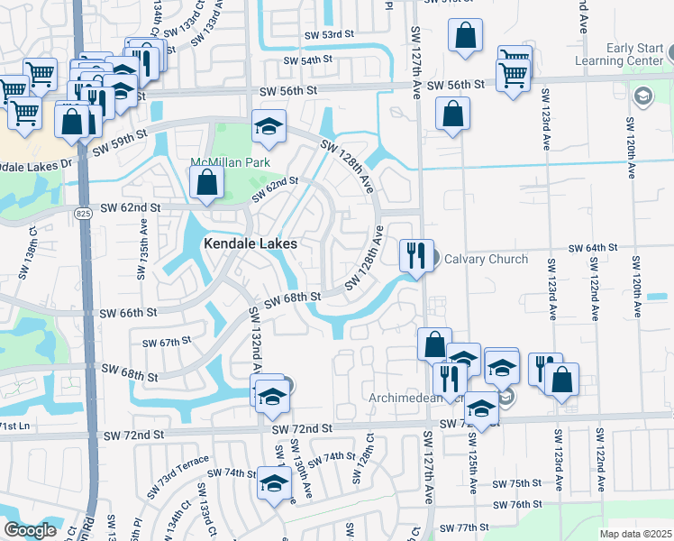map of restaurants, bars, coffee shops, grocery stores, and more near 6511 Southwest 129th Avenue in Miami