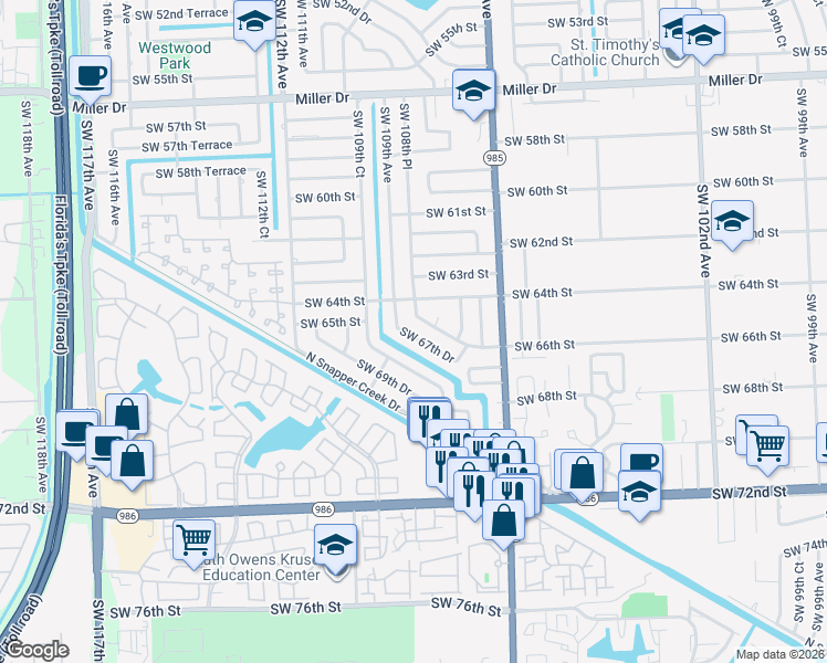 map of restaurants, bars, coffee shops, grocery stores, and more near 10831 Southwest 67th Drive in Miami