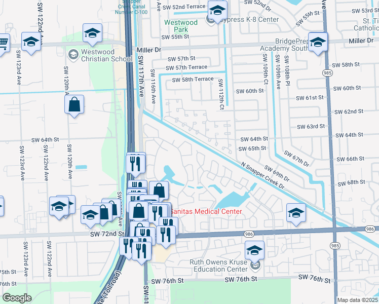 map of restaurants, bars, coffee shops, grocery stores, and more near 6534 Southwest 114th Place in Miami
