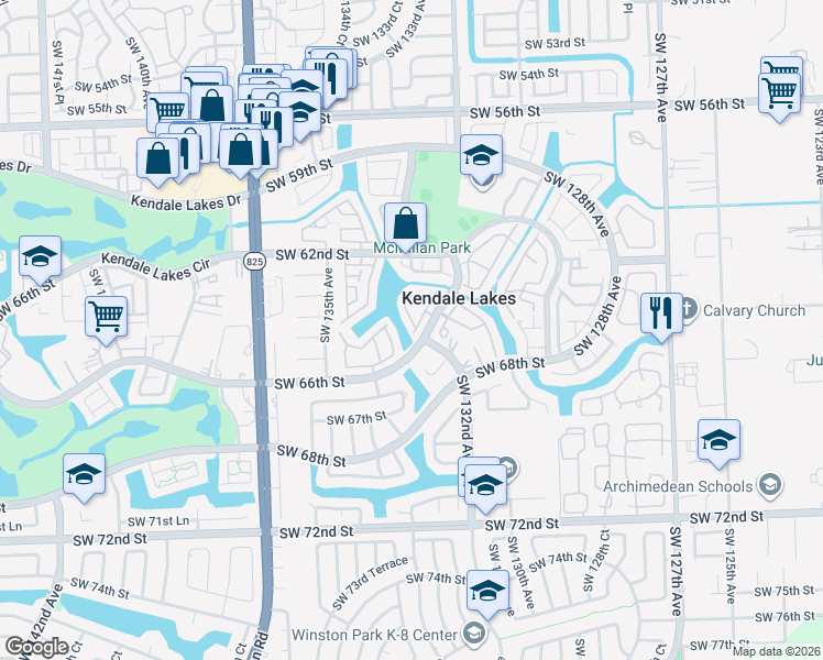 map of restaurants, bars, coffee shops, grocery stores, and more near 6531 Southwest 132nd Court Circle in Miami
