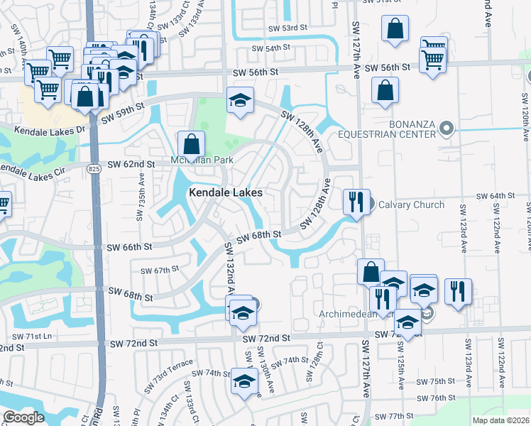 map of restaurants, bars, coffee shops, grocery stores, and more near 1607 Southwest 130th Avenue in Miami