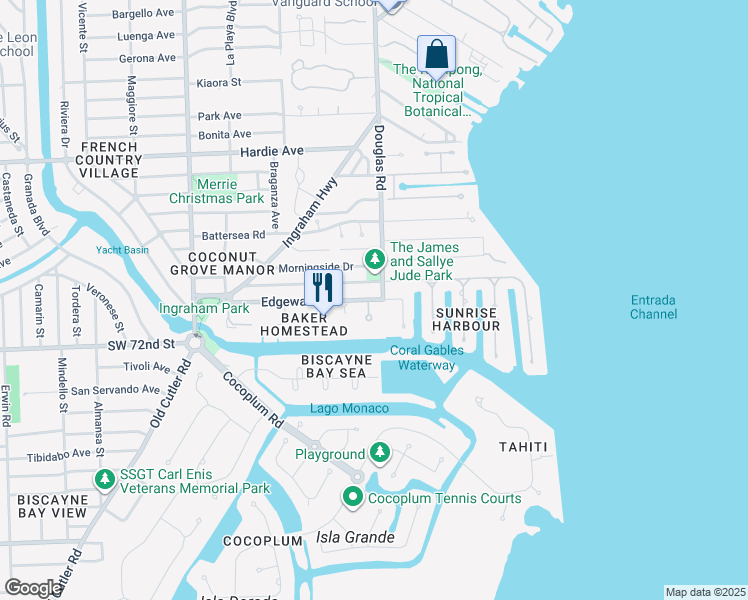 map of restaurants, bars, coffee shops, grocery stores, and more near in Coral Gables