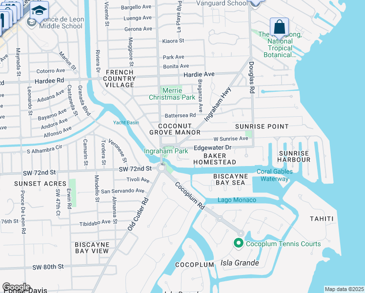 map of restaurants, bars, coffee shops, grocery stores, and more near 199 Edgewater Drive in Coral Gables