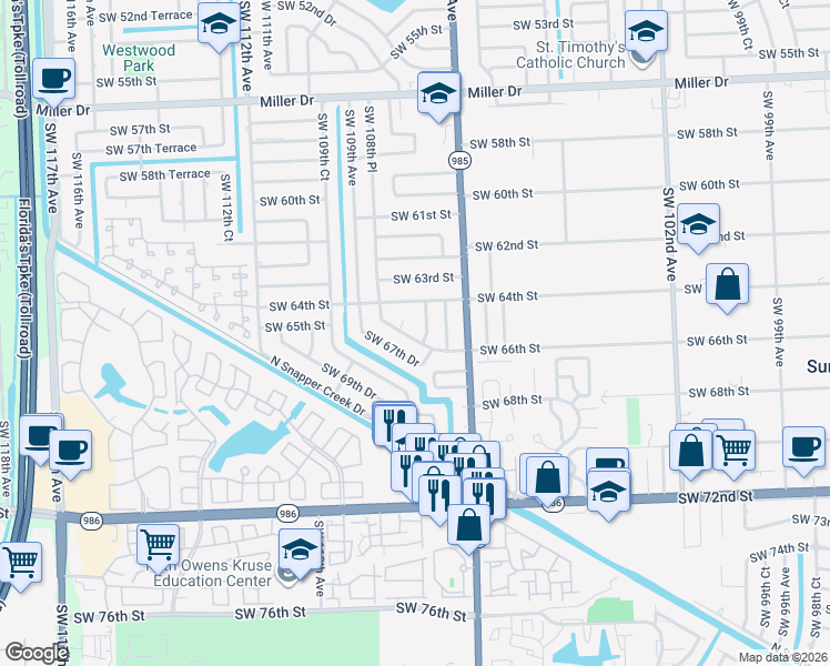 map of restaurants, bars, coffee shops, grocery stores, and more near 10751 Southwest 66th Drive in Miami