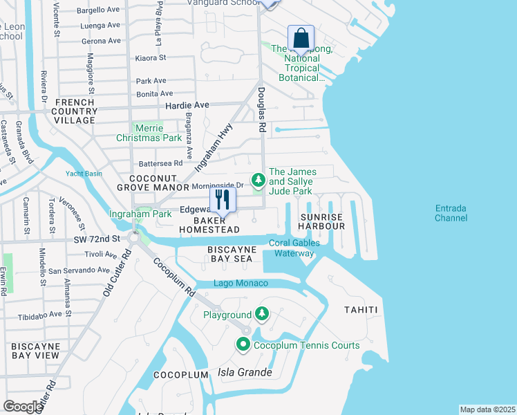 map of restaurants, bars, coffee shops, grocery stores, and more near in Coral Gables