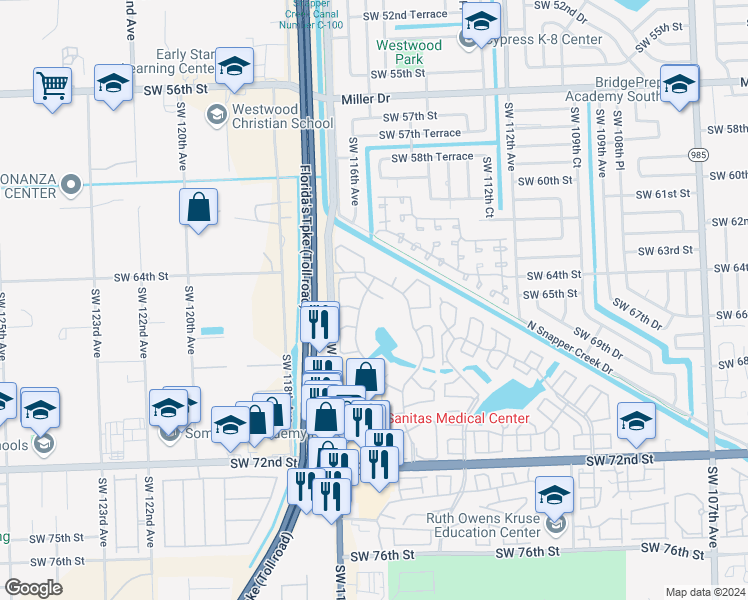 map of restaurants, bars, coffee shops, grocery stores, and more near 6441 Southwest 116th Court in Miami