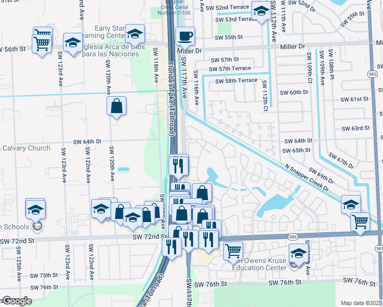 map of restaurants, bars, coffee shops, grocery stores, and more near 6455 Southwest 116th Place in Miami