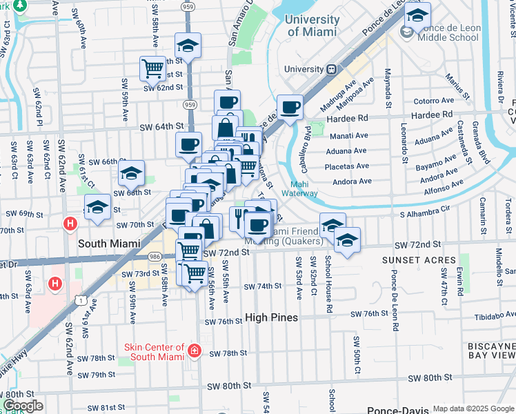 map of restaurants, bars, coffee shops, grocery stores, and more near 6615 Nervia Street in Coral Gables