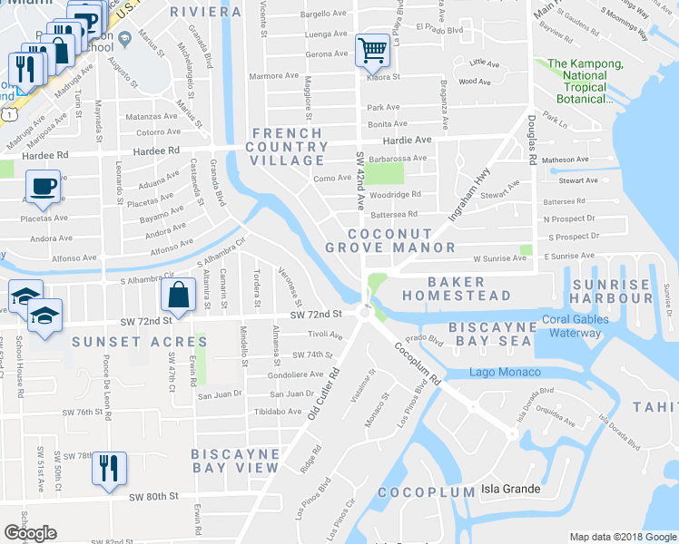 map of restaurants, bars, coffee shops, grocery stores, and more near 6810 Riviera Drive in Coral Gables