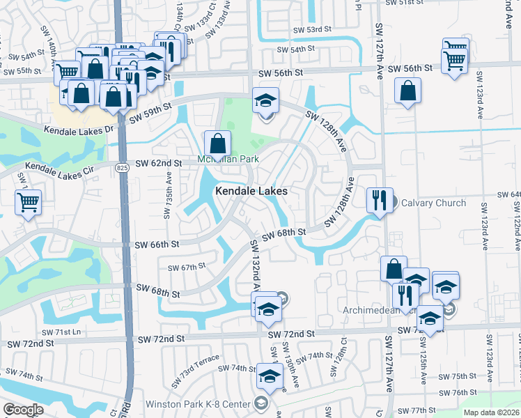 map of restaurants, bars, coffee shops, grocery stores, and more near 6475 Southwest 130th Place in Miami