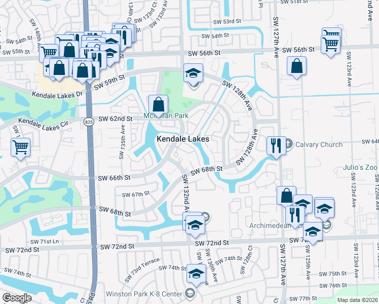 map of restaurants, bars, coffee shops, grocery stores, and more near 6475 Southwest 130th Place in Miami